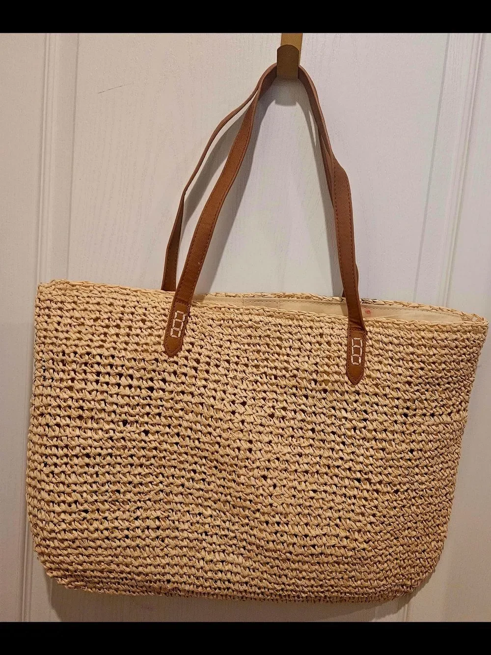 Macy's Woven Straw Tote with Green & Black Leaf Print and Brown Straps